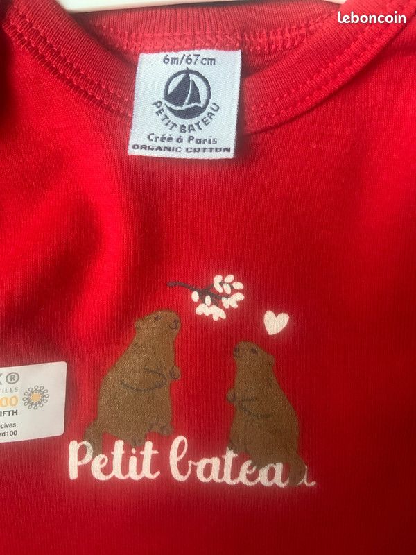 Lot de 3 bodies rouge et blanc Petit bateau 6m (image 2)