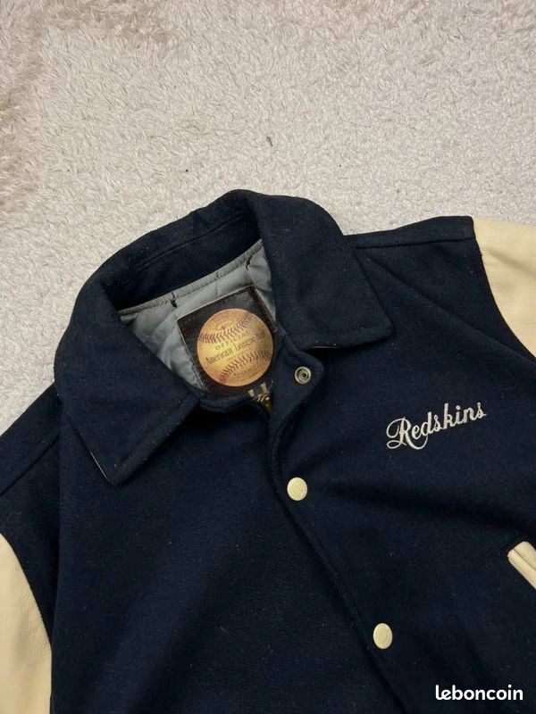 Veste Varsity Vintage Redskins - Bleu Marine Et Beige - Taille L - Cuir Et Polaire