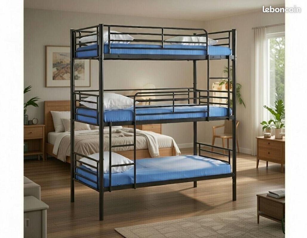 Lit Superposé En Bois Blanc Pour Adulte Et Enfant, Avec Matelas Carré Standard