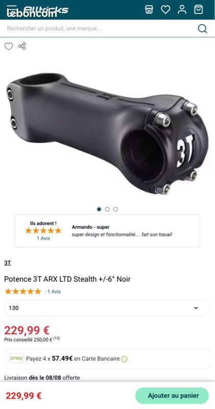 Potence carbone 3T ARX LTD neuve - Équipements vélos