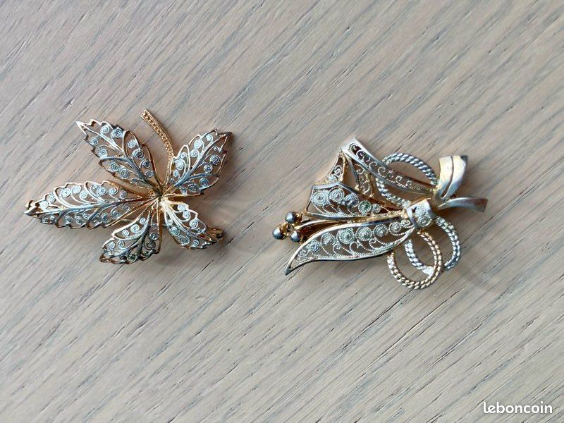 Lot de 2 Broches Vintage Filigrane Argent Vermeil - Motif Feuille & Bouquet (image 1)