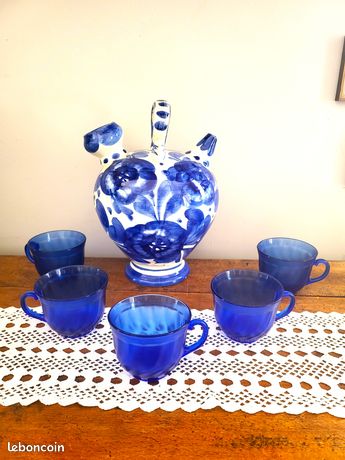 Arcoroc France Bol de service tourbillon bleu cobalt 23,25 pouces verre vintage - France