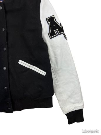 Veste En Cuir D'agneau Homme Style Baseball Universitaire - Noir Et Blanc, Neuve Avec étiquettes