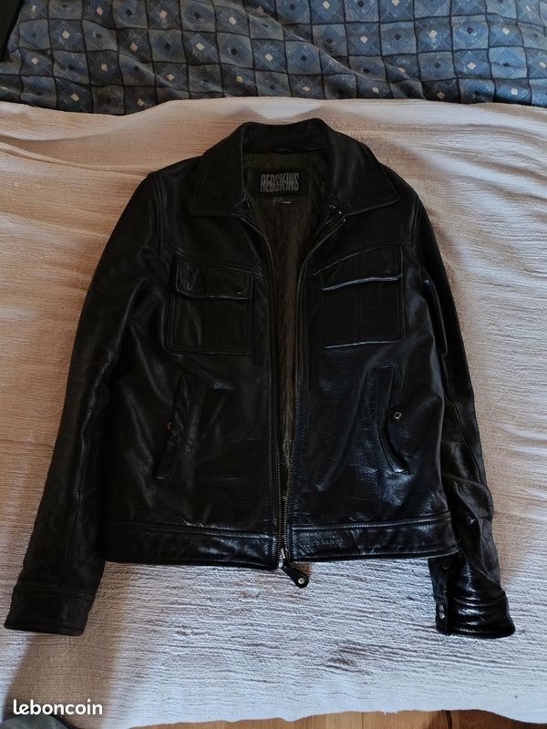 Blouson En Cuir Noir Vintage Redskins – Coupe Slim, Style Bomber Motard