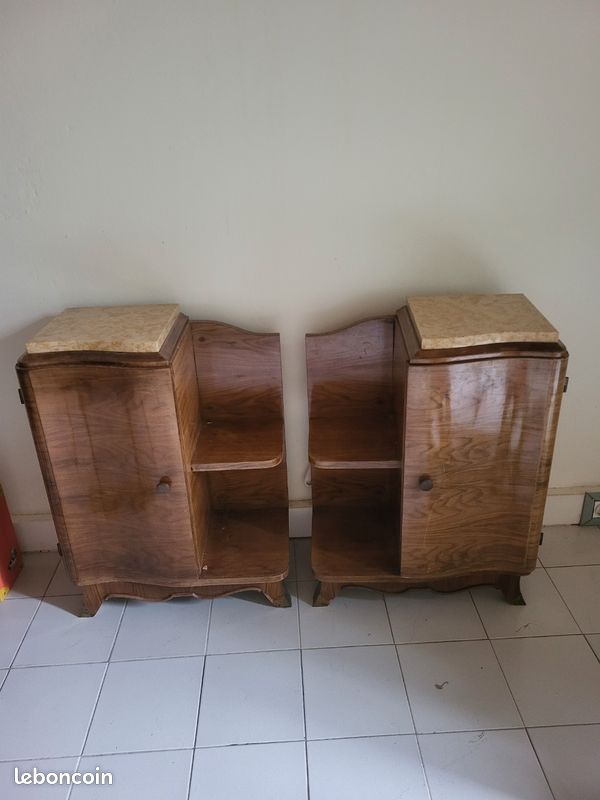 Table chevet x2. Bois / Marbre (image 1)