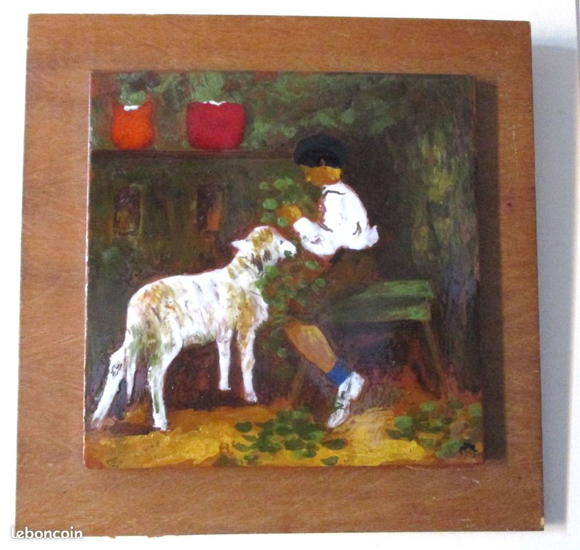 Grand Emaux Plaque murale 30 X 30 cm tableau en Céramique décoration enfant mouton berger déco basque ferme campagne vintage (image 1)