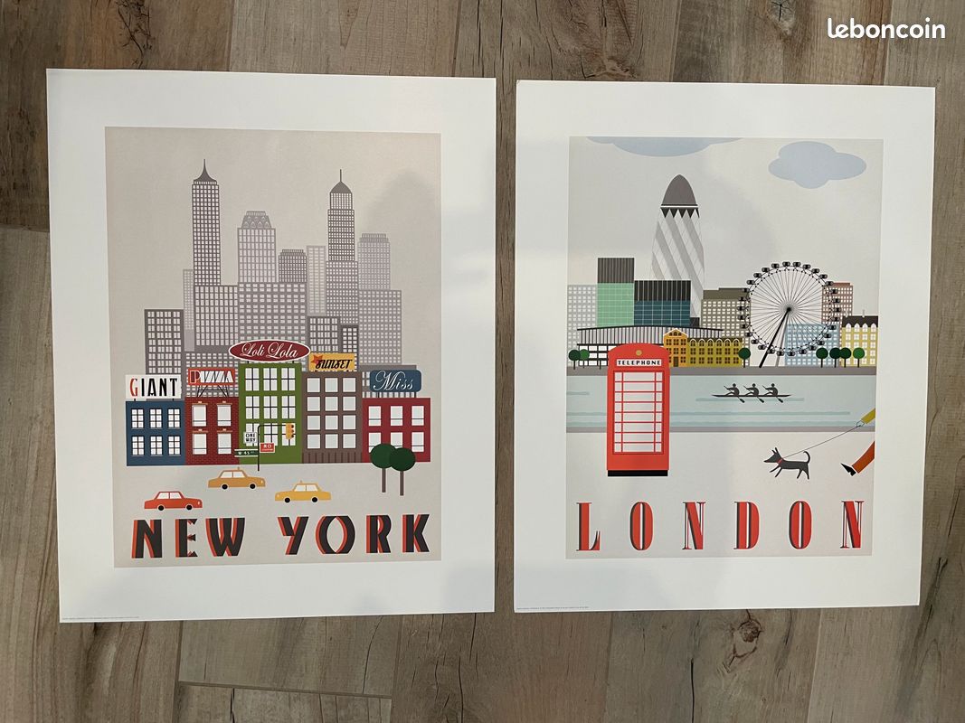 2 Affiches Posters illustrations London New-York Ikea Trilling voyages Building cabine rouge Tamise London Eye Grande roue St Mary Axe Le Cornichon vintage (image 1)