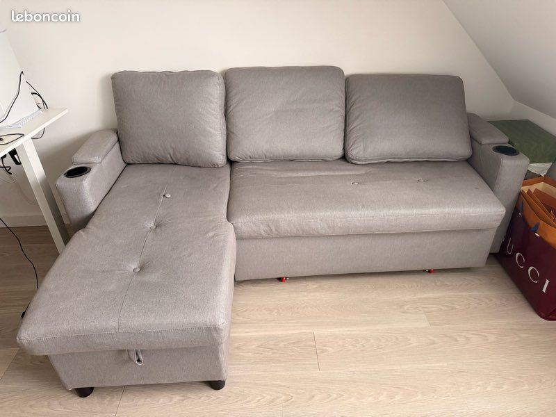 Canapé d'angle convertible gris – Très bon état – Avec coffre et porte-gobelets (image 1)