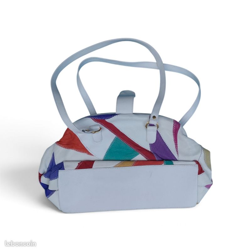 Joli sac à main vintage en cuir des années 80 blanc magenta rose arc-en-ciel multicolore (image 2)