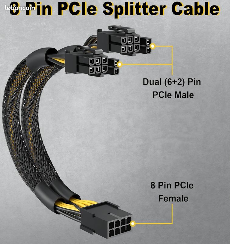 Câbles adaptateur d'alimentation PCIe 8 broches vers double 8 broches (image 2)