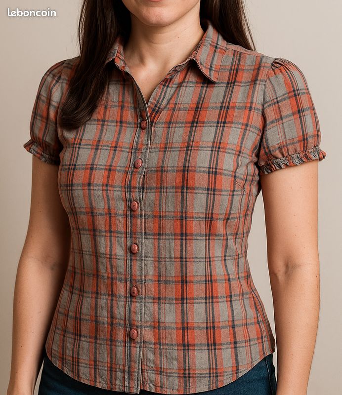 Chemisier H&M à Carreaux Orange Rose Bordeaux Taille 46 - Manches Courtes, Occasion Très Bon état