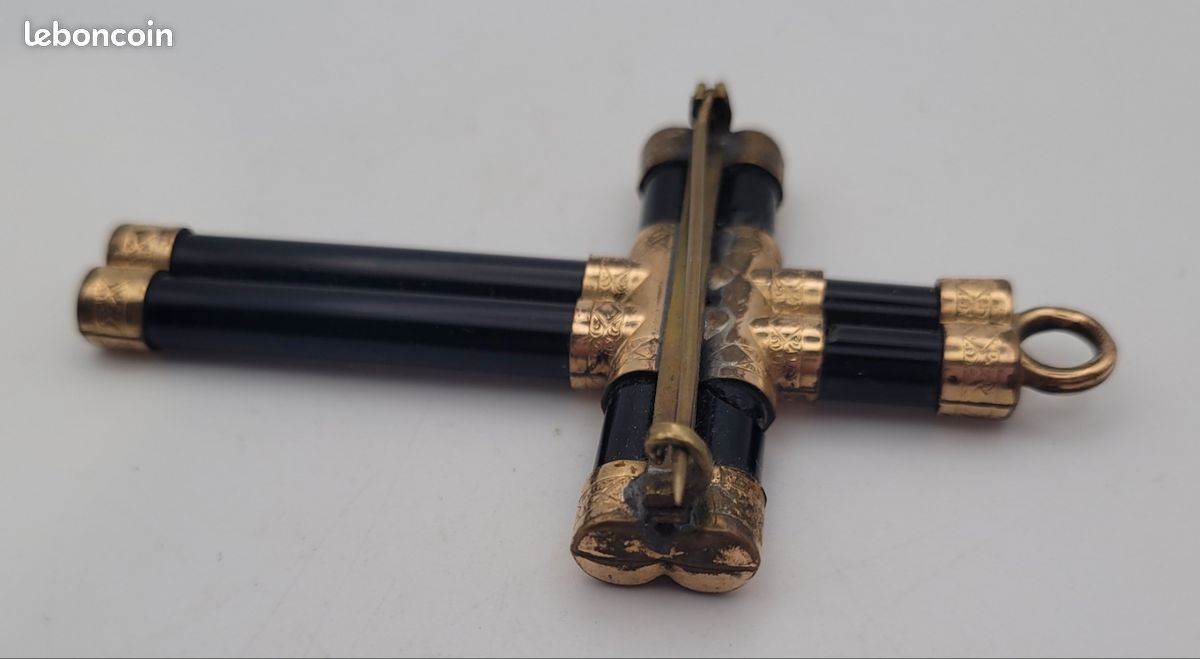 Collier De Deuil Ancien En Or 18k Avec Croix Et émail Noir - Circa 1809-1819