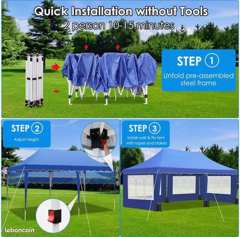 Tonnelle Pliante de Jardin 3x6m - Imperméable avec 6 Côtés – Neuve – Livraison gratuite en France (image 4)