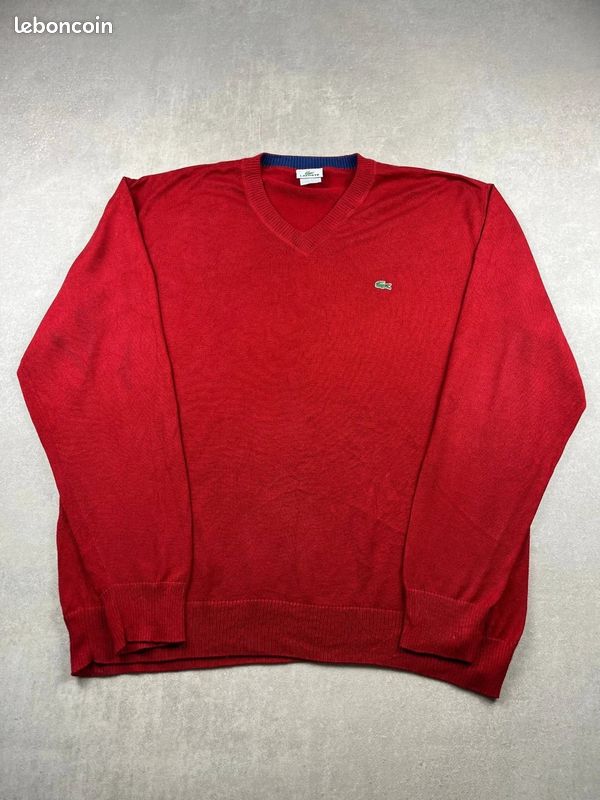 Pull Lacoste homme col V rouge taille XXL 100% coton logo croco petit crocodile vintage France #G27 (image 2)