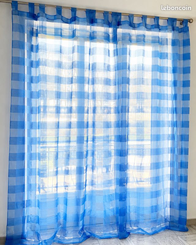 Lot de 2 voilages en organza bleus à carreaux – 150 x 250 cm – NEUFS (image 1)