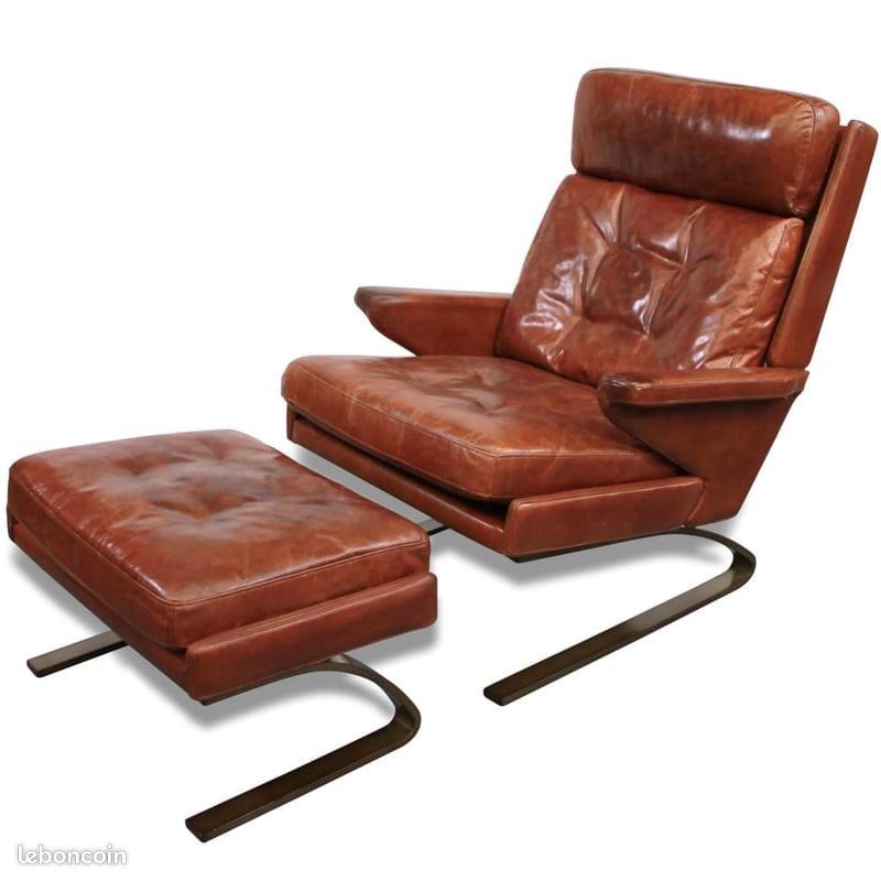 Fauteuil et pouf design cuir marron et métal (image 1)