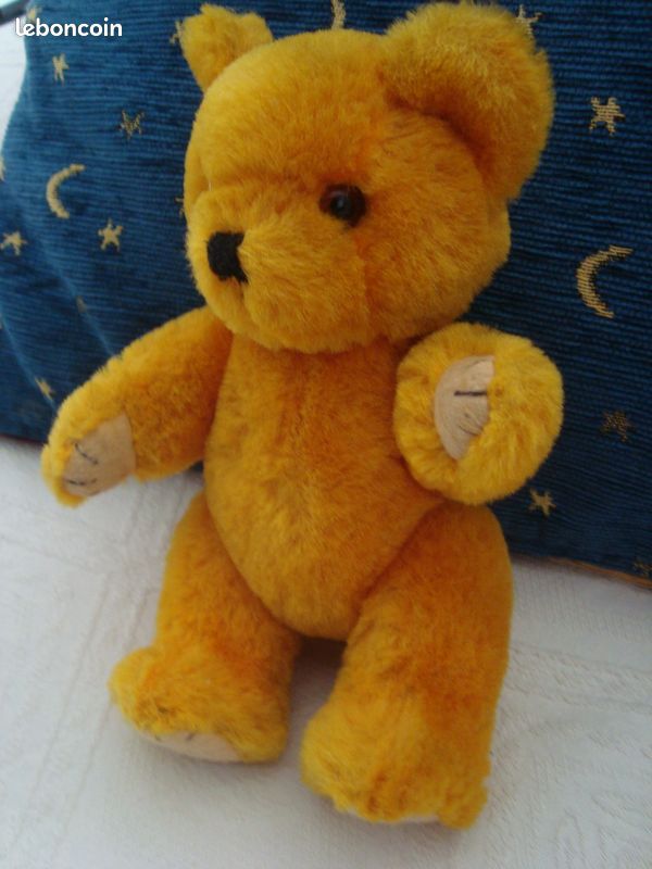 Ancien Ours En Peluche Noir Et Jaune – 36 Cm – Vintage Et Doux