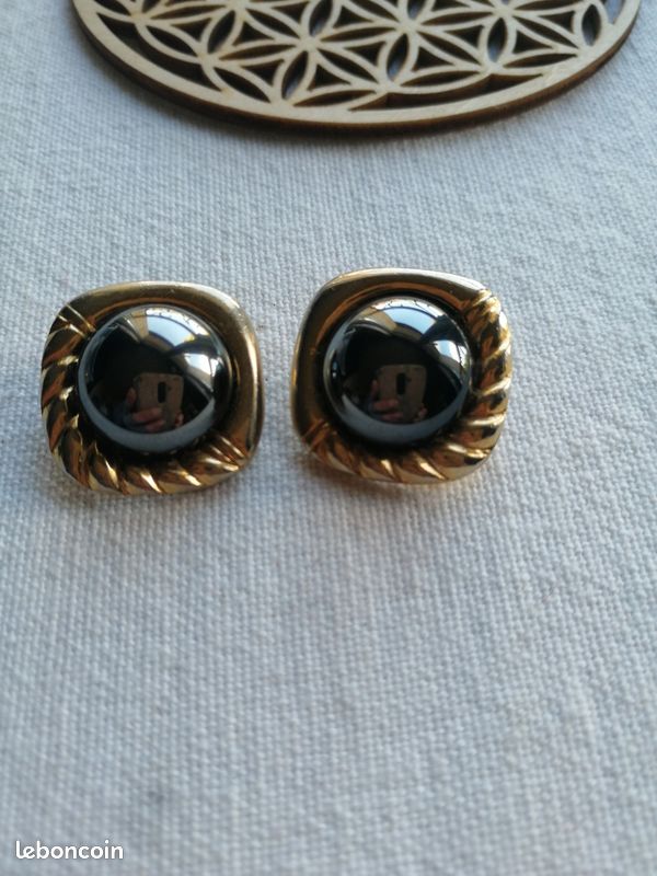 Boucles d'oreilles Clip Carrées-Cabochon rond Hématite pierre naturelle- gris anthracite et doré- Vintage 90- Chic Couture (image 4)