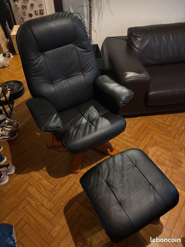 Fauteuil Relax Avec Repose-pied Crown Noir Cuir, PVC