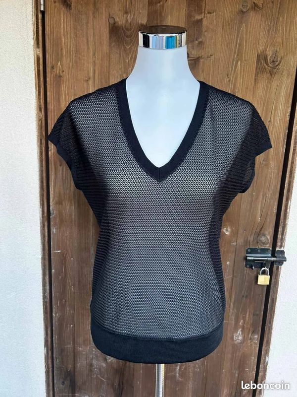 Top maille ajourée 123 Paris noir col V transparent chic taille 36 /S (image 2)