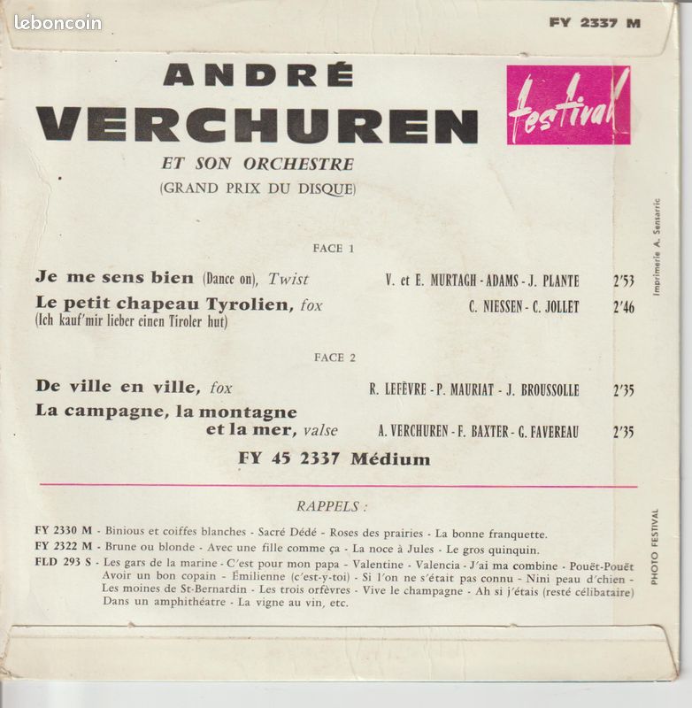 André Verchuren - je me sens bien - 45 tours (image 2)