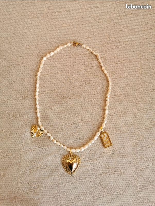 Collier perles de culture "grain de riz" neuf pampilles cœur carte tarot lune strass ex voto milagros acier doré creation (image 8)