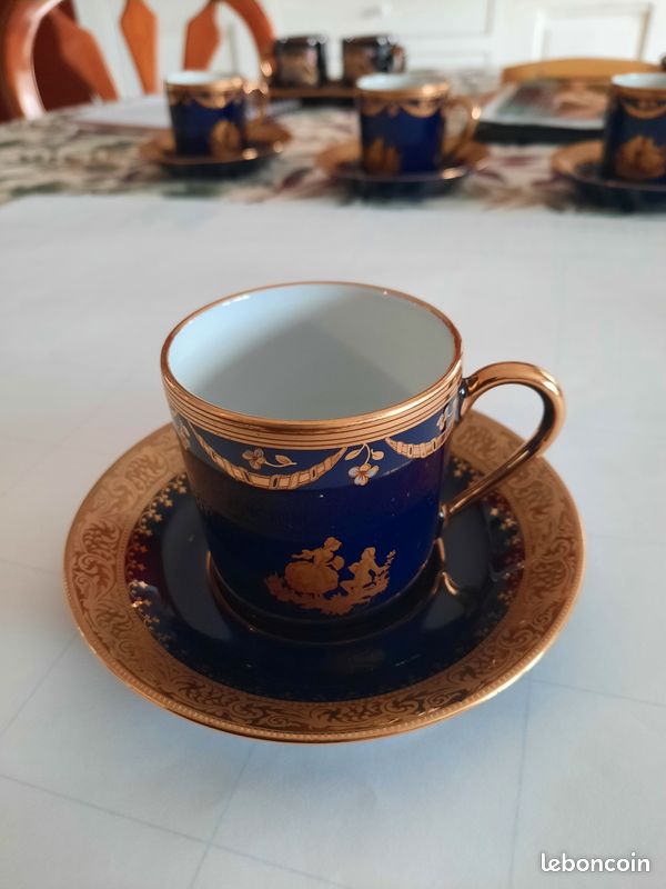 Service 6 tasses à café Raynaud Limoges – bleu cobalt & or – G. Kiefer & C° - Arts de la table