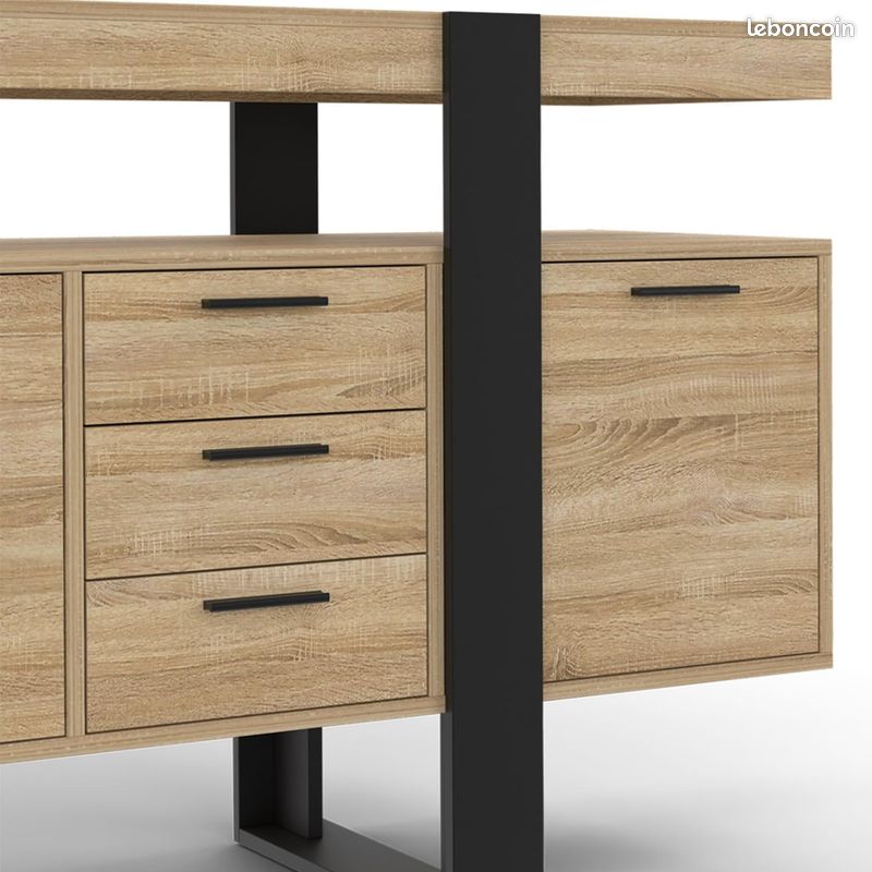 Grand Buffet XXL 180 cm – Design Industriel Loft – 4 Placards & 3 Tiroirs – Finition Bois et Noir – Grande Capacité de Rangement – L.180 x l.40 x H.80 cm (image 3)