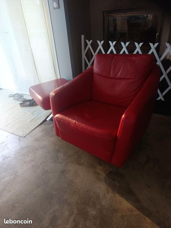 Salon cuir rouge XXL Maison - canapé + fauteuil + 2 poufs - design (image 5)