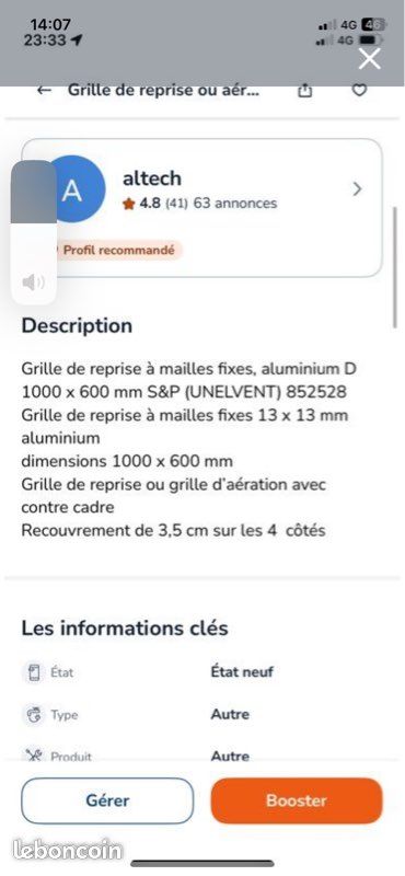 Grille de reprise ou aération à mailles fixes, alu, D 1000 x 600 mm (image 4)