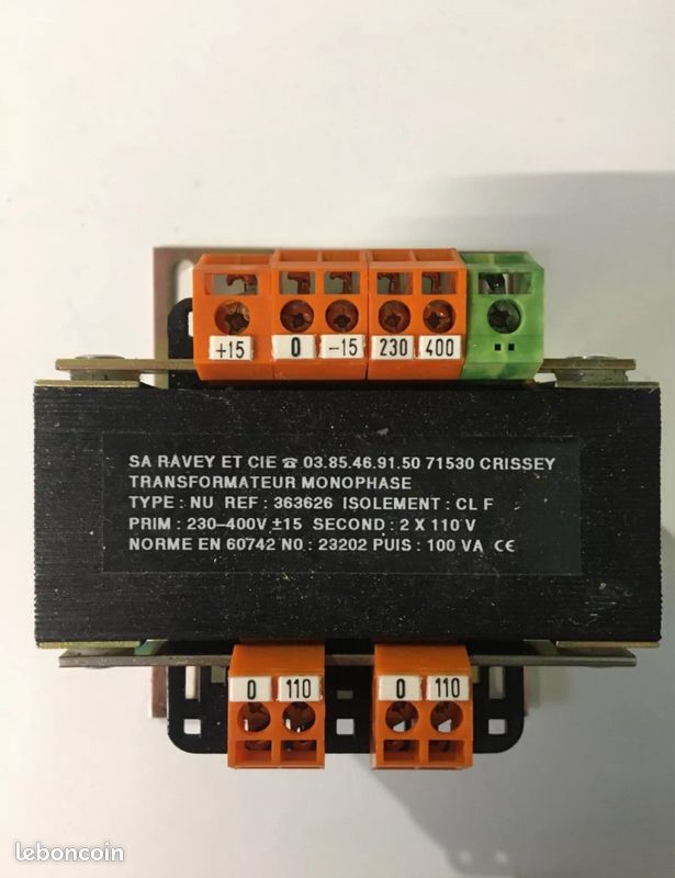 Transformateur 100VA Ravey NU ref 363626. Primaire 230-400V +/- 15 Secondaire 2x110V 100VA Etat neuf (image 1)