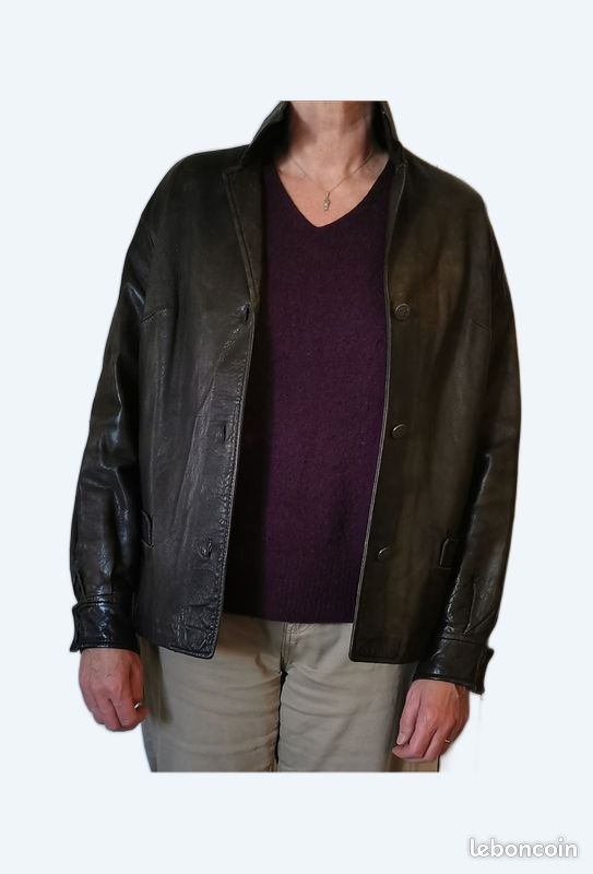 Veste Femme Cuir Noir Marine - Taille S, Boutonnée, Doublure Polyester, Occasion