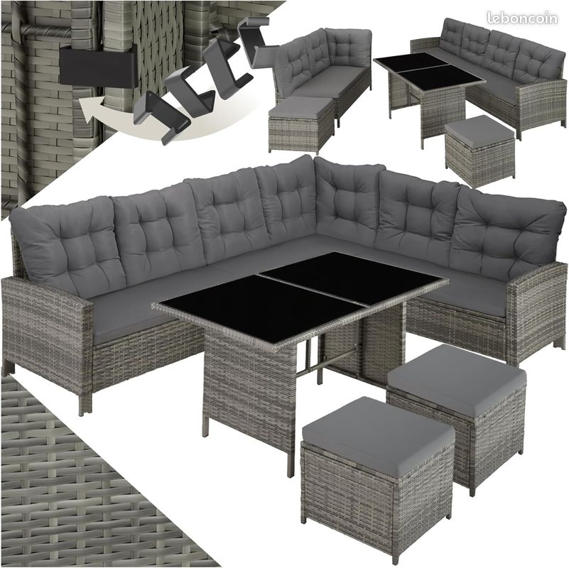 Salon de Jardin Modulable Gris - 1 Canapé de Jardin Exterieur Angle - Table Jardin - 2 Tabourets - Balcon Terrasse (image 1)