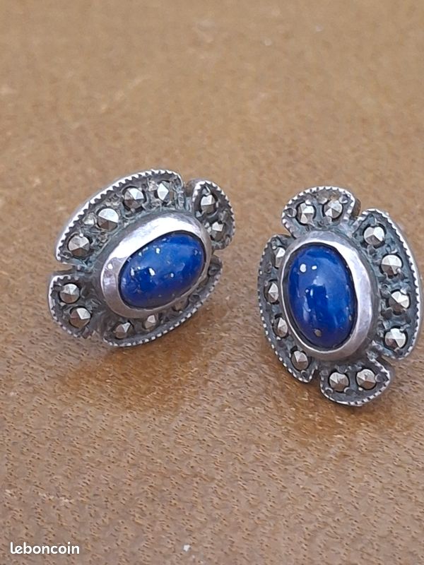 Boucles D'Oreilles Clips Anciennes En Or Avec Perle Lapis Lazuli - Signé 2135 - Occasion