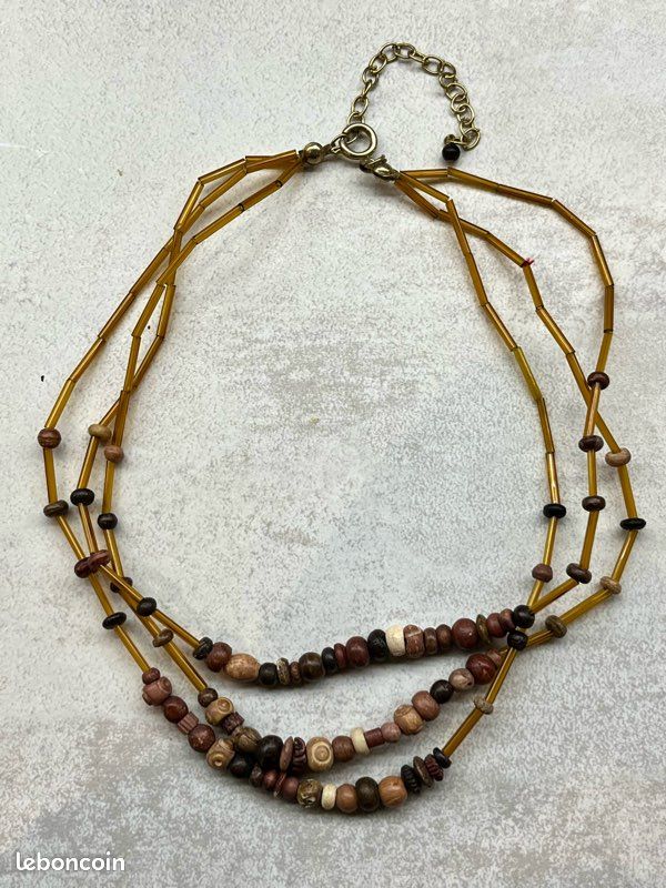 Collier Perles En Bois Multirangs Marron - Longueur 40-70 Cm, Fermeture Bouton, Style Tribal/bavoir