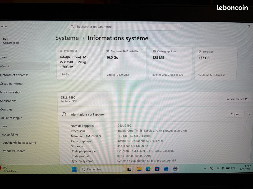 Dell Latitude 7490 i5-8350U - 16 Go RAM - 512 Go NVMe - Batterie neuve- IPS FHD (image 3)