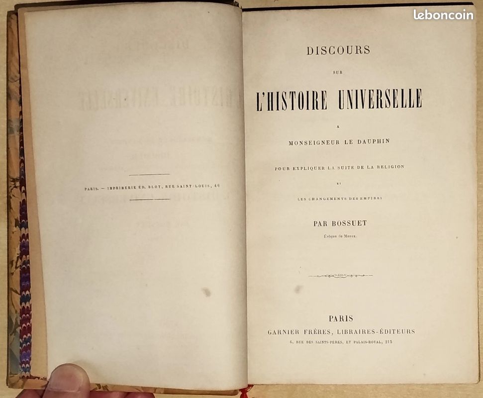 DISCOURS SUR L'HISTOIRE UNIVERSELLE / BOSSUET XIXème reliure art cuir (image 3)