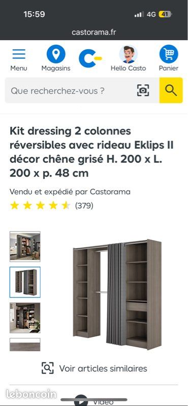 Kit dressing 2 colonnes réversibles avec rideau Eklips II décor chêne grisé H. 200 x L. 200 x p. 48 cm (image 1)