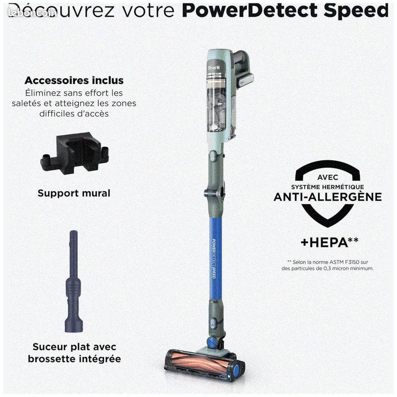 Shark PowerDetect Speed, Aspirateur Balai sans Fil, Nettoyage en arrière, Filtration Anti-allergène HEPA, Jusqu'à 60 Min d'autonomie, avec Support Mural et suceur Plat, Sauge givrée IA1243FR