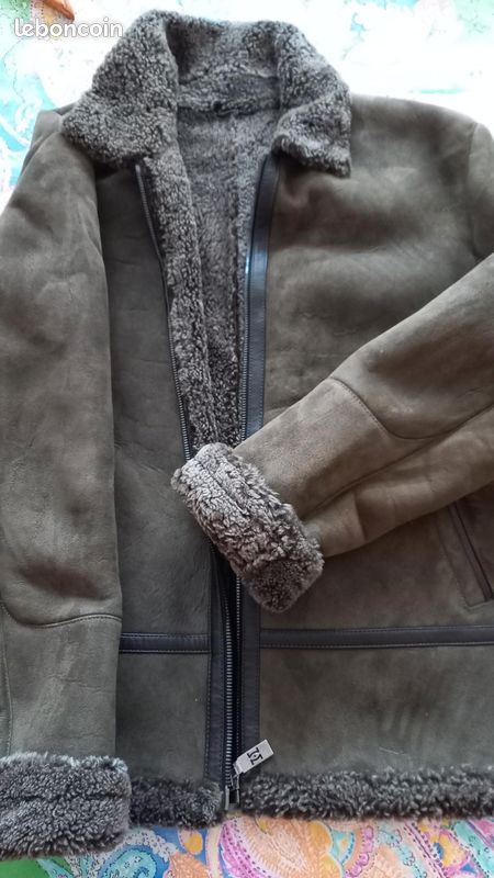 Veste en peau d'agneau et fausse fourrure vert bronze (image 1)