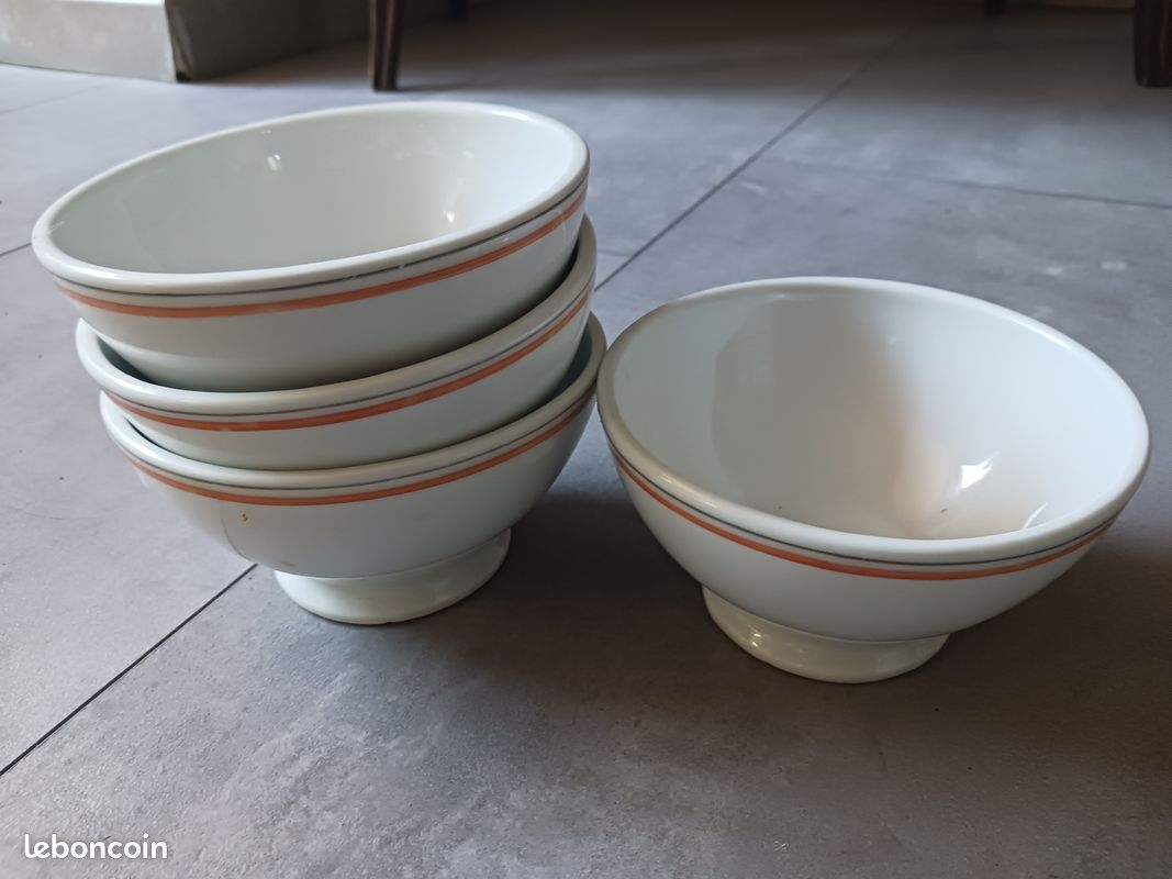 Bols blanc et orange lot de 4 Service Bristol Création Jacques Labjoy modèle déposé en porcelaine d'Aureuil Neufs (image 1)