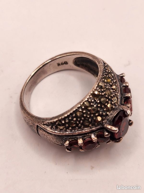 Bague Ancienne En Argent Sertie De Grenats - Poinçon D'orfèvre - Taille 54 - Occasion Très Bon état