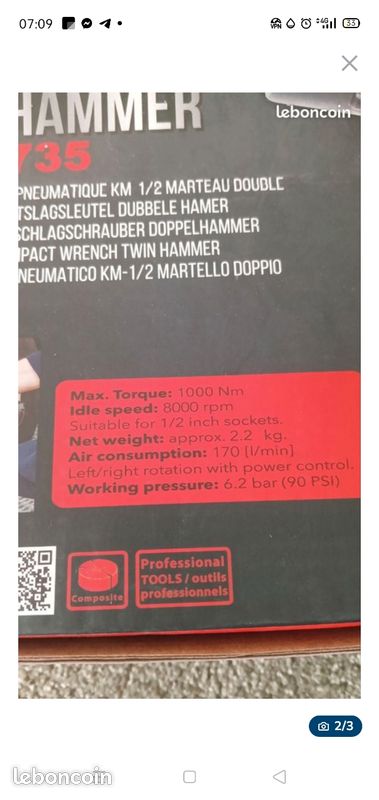Clé à choc pneumatique 1000 Nm ,neuf dans l'emballage,prix ferme
Livraison gratuite dans un rayon de 40 km au-delà je demanderai un supplément (image 2)