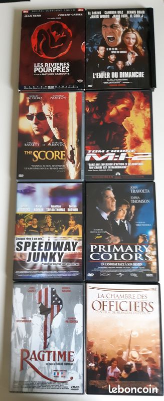 Lot de 8 DVD : MI2 - The score - Rivières pourpres - L'enfer du dimanche - Ragtime - Primary colors - Speedway junky - La chambre des officiers (image 1)