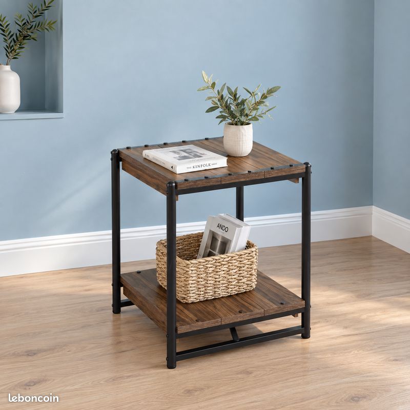 Table de Chevet Carrée Industrielle 2 Niveaux Bout de Canapé Table d'Appoint Effet Bois Vieilli Métal Noir 50 cm Rustique Campagne Chambre Salon (image 1)