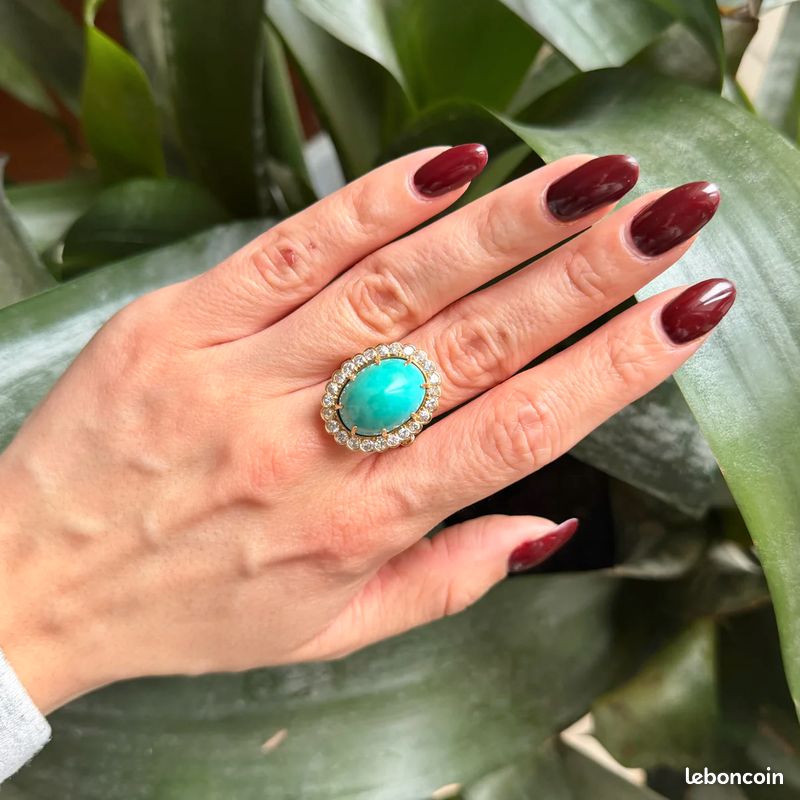 Bague Vintage Dorée Ajustable Avec Pierre Turquoise (bijou Fantaisie Occasion)