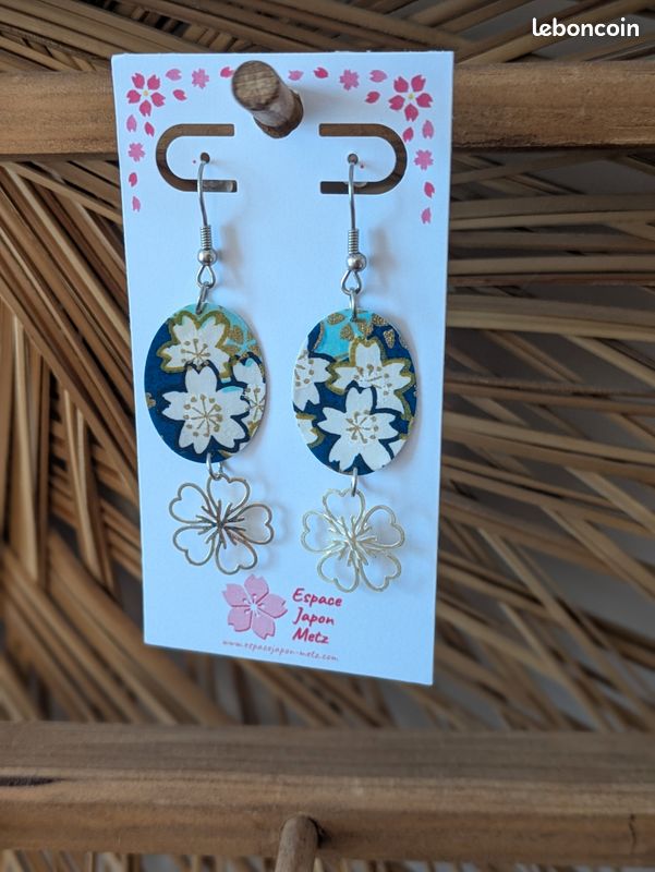 Boucles d'oreilles japonaises - Bleu & Sakura (bijou japonais, papier washi) (image 1)