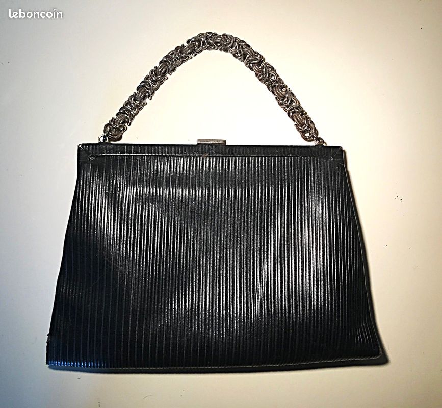 Sac à Main Vintage En Cuir Noir - Style Soirée, Rectangulaire, Occasion