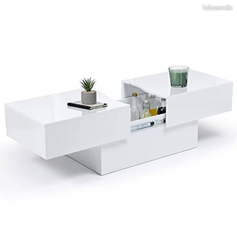 Table Basse Design Blanc Laqué – Plateau Coulissant avec Grand Coffre de Rangement – 120-171 cm (image 1)