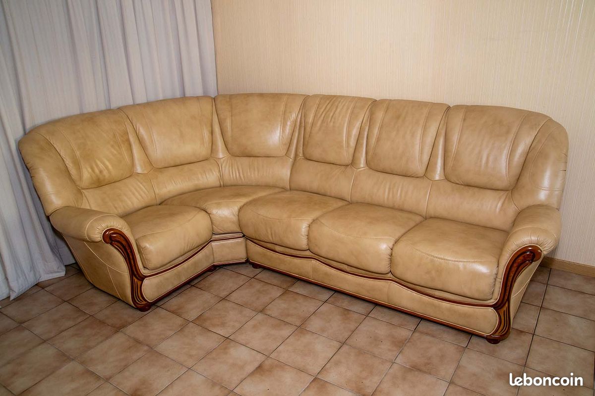 Canapé d'angle gauche en cuir 4 places coloris beige (image 1)